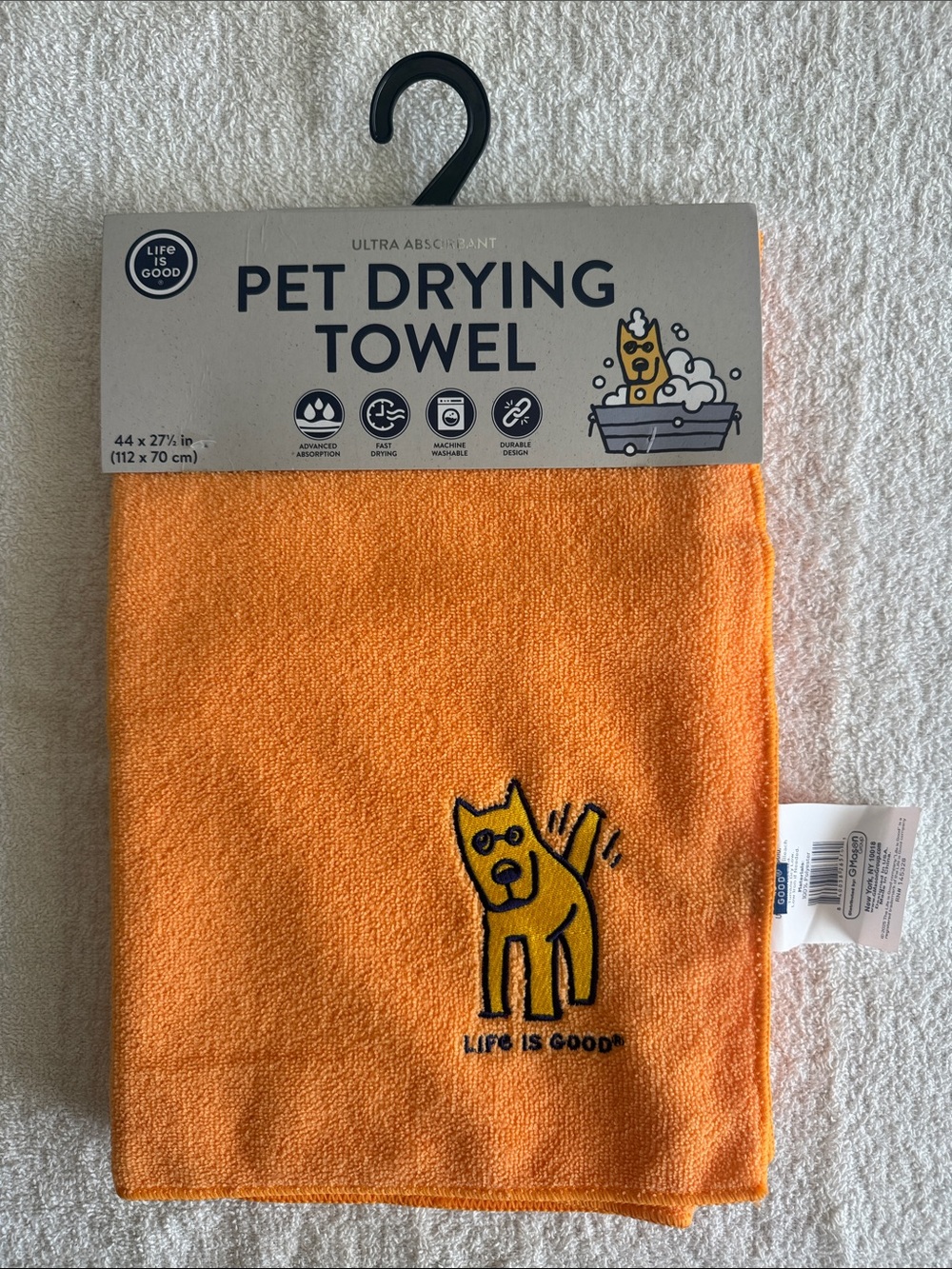 Life Is Good Orange Pet Drying Towel with Embroidered Dog